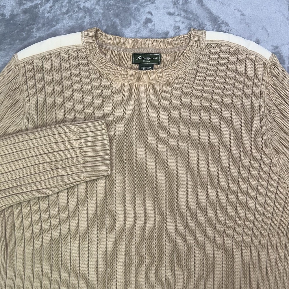 Vtg Eddie Bauer Outdoor Outfitter Sweater Mens XL Shoulder Patch Heavy Knit Tan